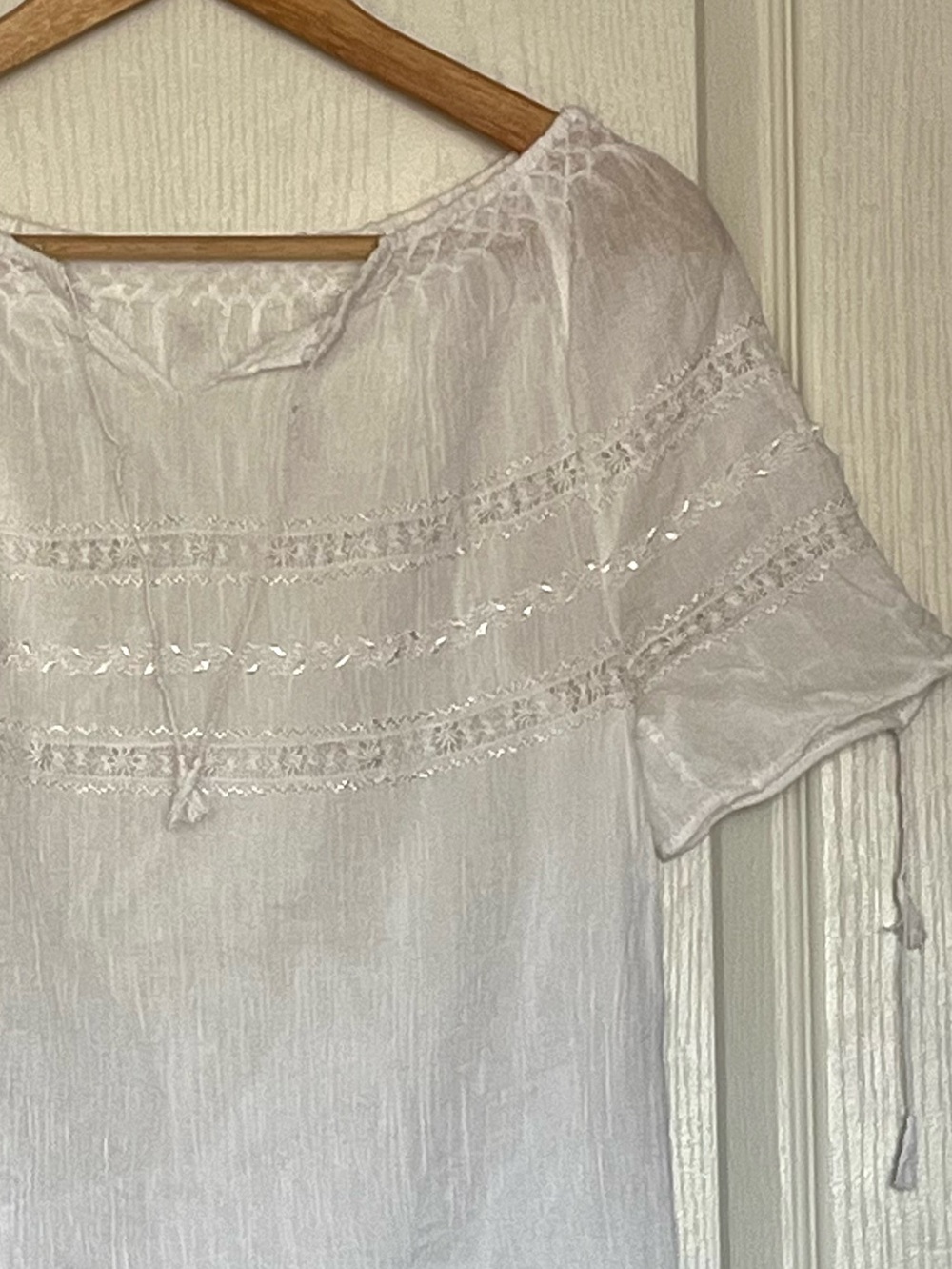 Boho White Cotton Gauze Peasant Blouse Lace Trim Size S Romantic Shabby Chic - Picture 13 of 15